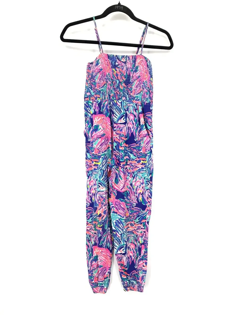 Lilly Pulitzer Girls Jumpsuit L 8-10 Tropical Print Smocked Strap Beach Vacation